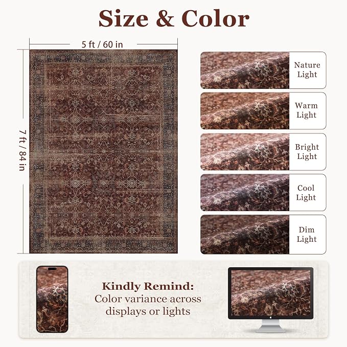 Moody Brick Area Rugs 5x7, Distressed Oriental Living Room Rug Washable, Non Slip Low Pile Thin Carpet Rugs for Bedroom/Dining Room/Home Office/Kitchen, Vintage Brick Red Stain-Resistant