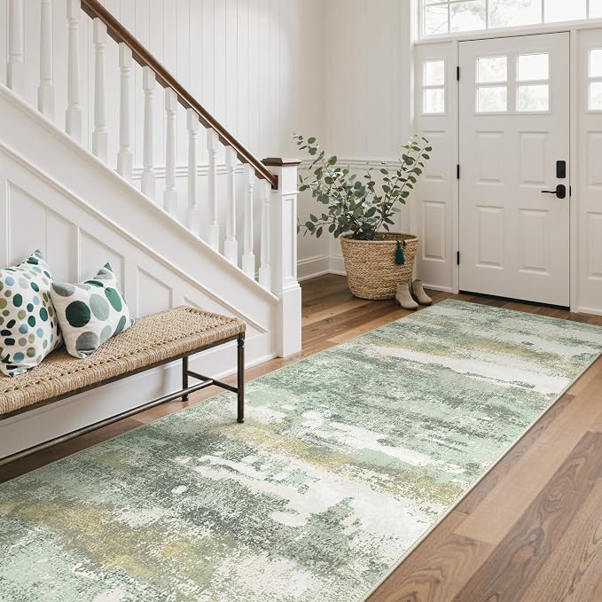 BEIMO Runner Rug for Hallway Kitchen, 2'6"x6' Machine Washable Runners Rug for Entryway, Soft Modern Abstract Throw Rugs, Low Pile Floor Cover with Non Slip Backing, Light Green