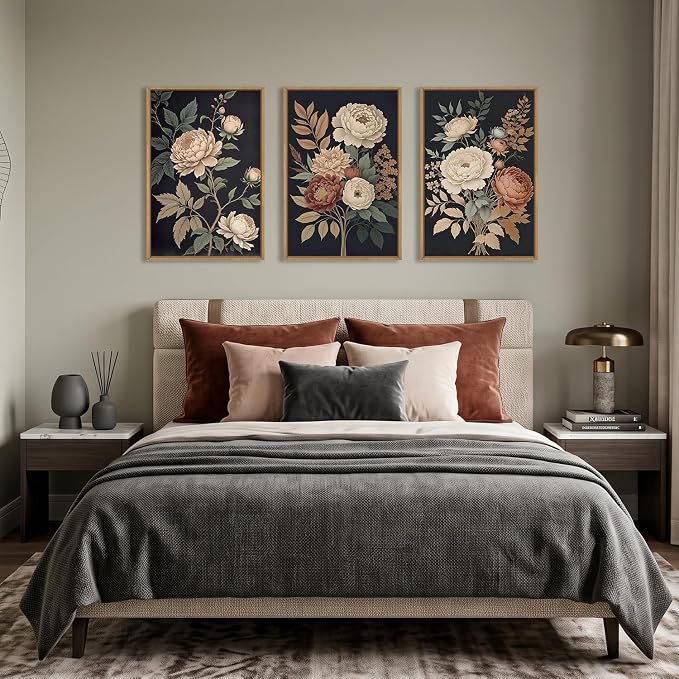 HOURIA Large Moody Dark Flower Framed Canvas Wall Art,Retro Beige Red Peony Wall Decor,Vintage Textured Blossom Botanical Artwork,Natural Wildflower Art Print for Living Room,Bedroom,Office-16 x24 x3