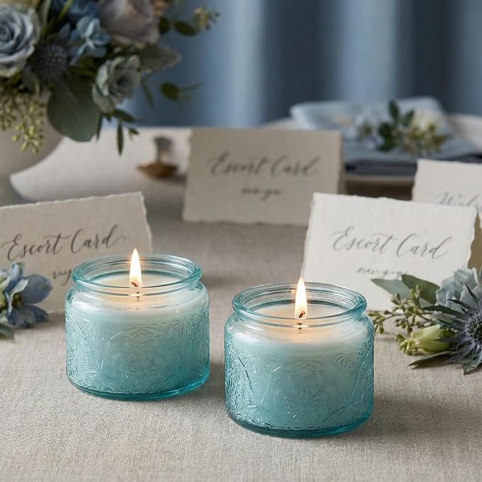 4 oz Blue Mandala Glass Candle Jars with Bamboo Lids, 18 Pack | Patented Embossed Design, Includes Wick Centering Devices & Warning Labels, Multiple Color Options