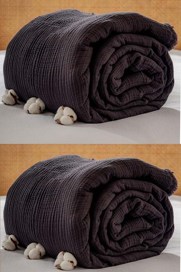 Muslin Blanket - Pure 100% Turkish Cotton Airy Soft Light Versatile Gauze Throw Blanket for Bed, Couch, Sofa (Black, California King Size (95" x 125" inch))