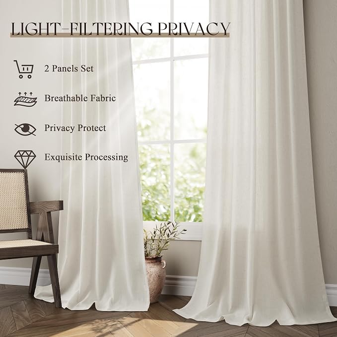Jowels Sand Beige Linen Curtains 84 Inch Long 2 Panels for Living Room | Light Filtering Semi Sheer Curtain, Back Tab Pocket Pleated Look, Boho Farmhouse Textured Privacy Drapes for Bedroom Window