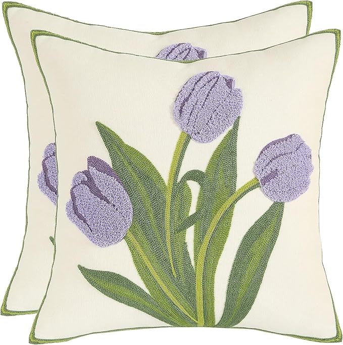 Purple Tulip Flower Pillow Covers 16x16 inch Pack of 2 Embroidery Throw Pillow Covers Spring Summer Pillow Cases for Couch Cotton Canvas Cushion Cover Square Farmhouse Floral Decor Pillow Case