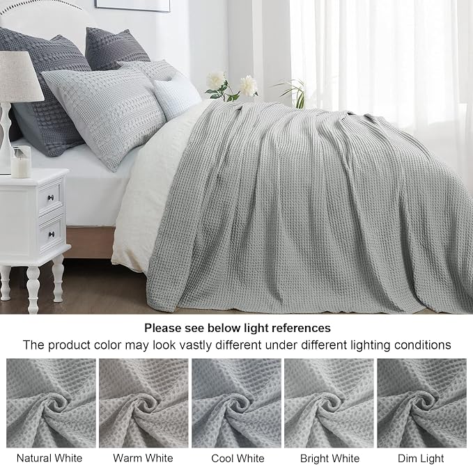 PHF Pre-Washed 100% Cotton Waffle Weave Blanket Twin Size for Bed,Snag Proof Throw Blanket for Couch Spring Summer Lightweight Breathable,Machine Washable, Home Decor Gift - Light Grey