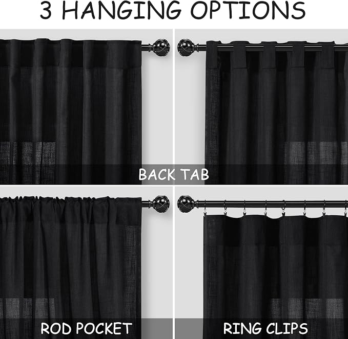 Nanspring Linen Curtains 84 Inch Length for Living Room Bedroom Black Simple Modern Semi Sheer Curtains Set Back Tab Rod Pocket Cotton Textured Privacy Drapes 60x84, 2 Panels