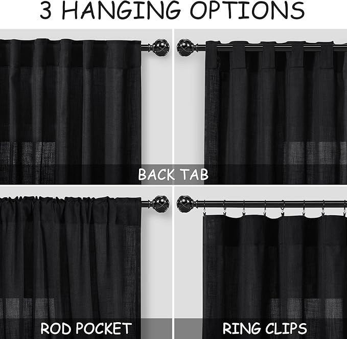 Nanspring Black 102 Inch Linen Curtains for Living Room Back Tab Rod Pocket Privacy Semi Sheer Light Filtering Curtains Simple Modern Soft Material Panel Drapes for Bedroom,2 Panels, 60x102