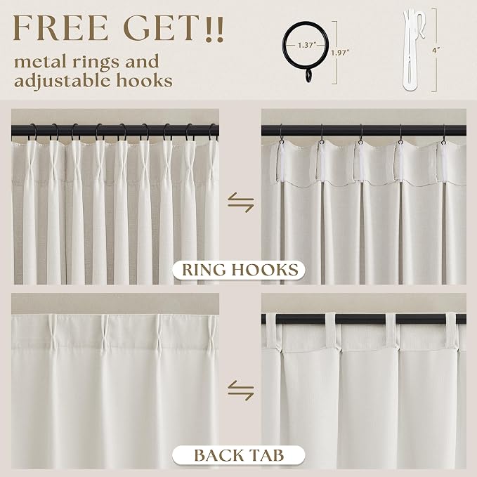 126 Inch Extra Long Ivory Cream Linen Curtains 2 Panels Set, Ivory Beige Memory Trained Pinch Pleated Ceiling Drapes Birch Light Filtering Semi Sheer Decorative Window Curtains with Back Tab