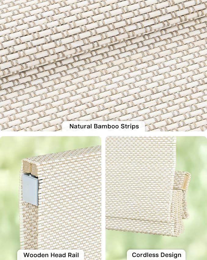 LazBlinds No Drill Cordless Bamboo Roman Shades, Light Filtering Blinds for Indoor Windows, Roll Up Bamboo Blinds for Home, 33" W x 64" H, Star-Off White