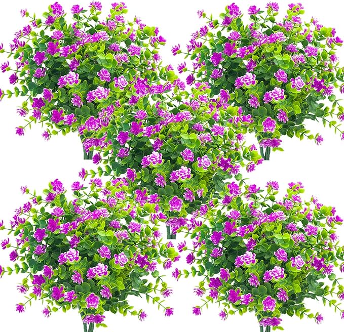 Grunyia 10 Bundles Artificial Fake Flowers, Faux Outdoor Plastic Plants UV Resistant Shrubs Outside Indoor Decorations (Purple-Eucalyptus)
