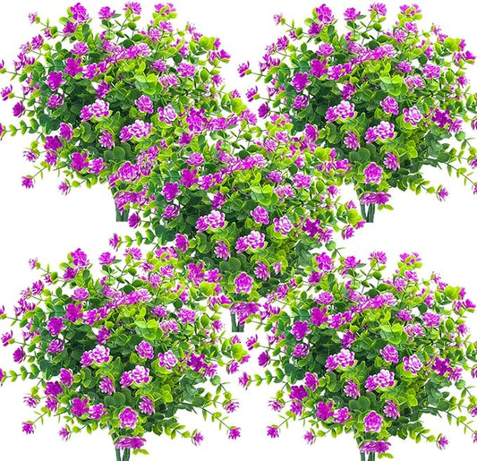 Grunyia 10 Bundles Artificial Fake Flowers, Faux Outdoor Plastic Plants UV Resistant Shrubs Outside Indoor Decorations (Purple-Eucalyptus)
