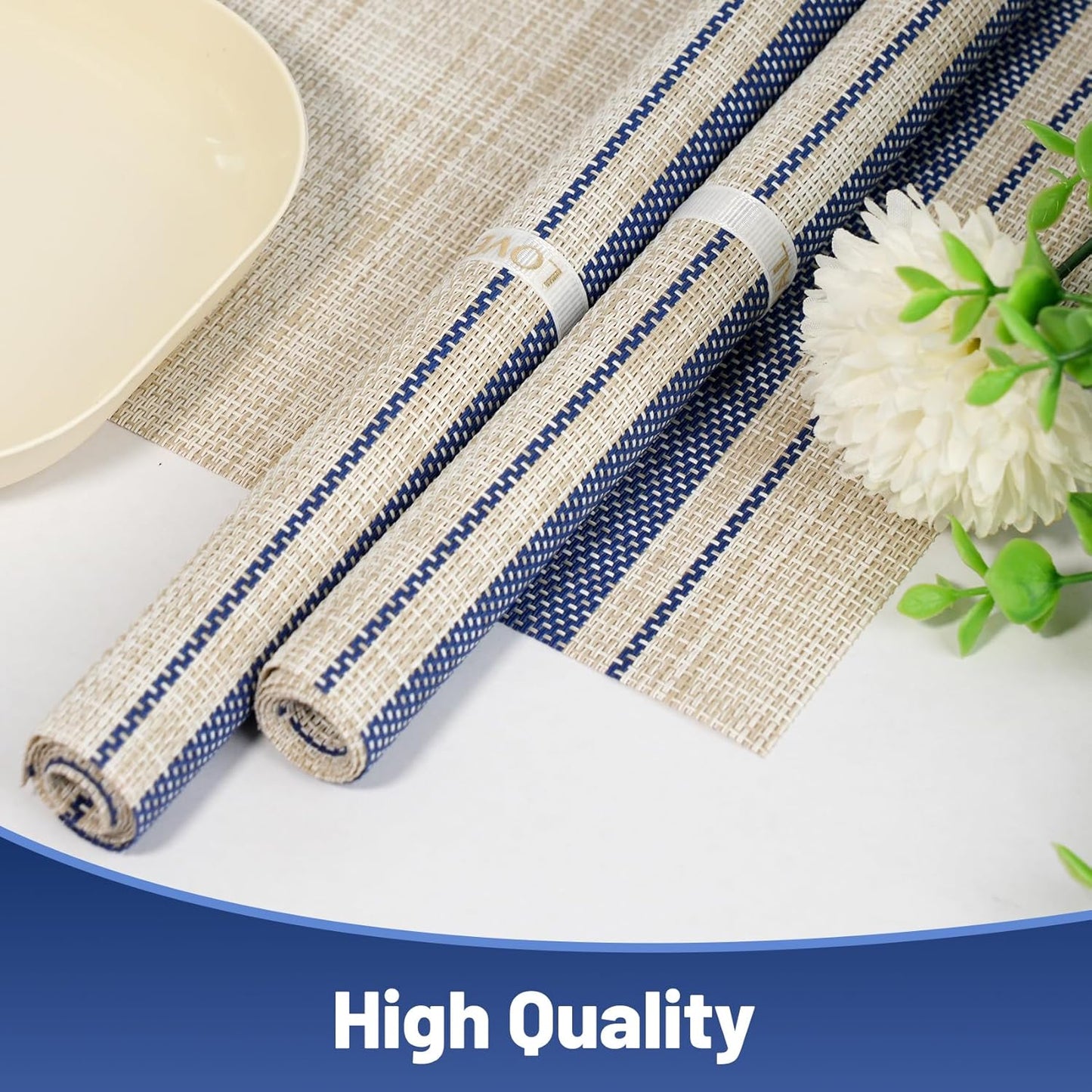 Placemats Set of 8，Non-Slip PVC Weave Table Mats Easy to Clean，Heat Resistant Place Mats for Kitchen Dining Table Decoration Indoor Outdoor，Khaki Blue