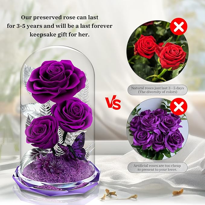 Forever Roses in Glass Dome - Preserved Flowers,Birthday for Her Women Valentine's Day, Mother's Day, Anniversary A-Grade Purple Roses, Home Decor for Girlfriend,Wife, Mom (Purple)