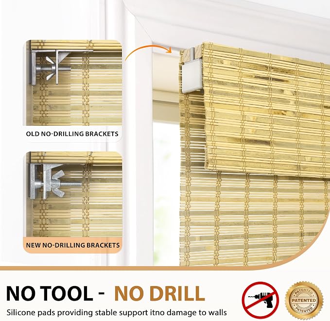 LazBlinds No Tools No Drill Cordless Bamboo Roman Shades, Custom Light Filtering Window Treatment, Roll Up Bamboo Blinds for Windows, Petite Rustique