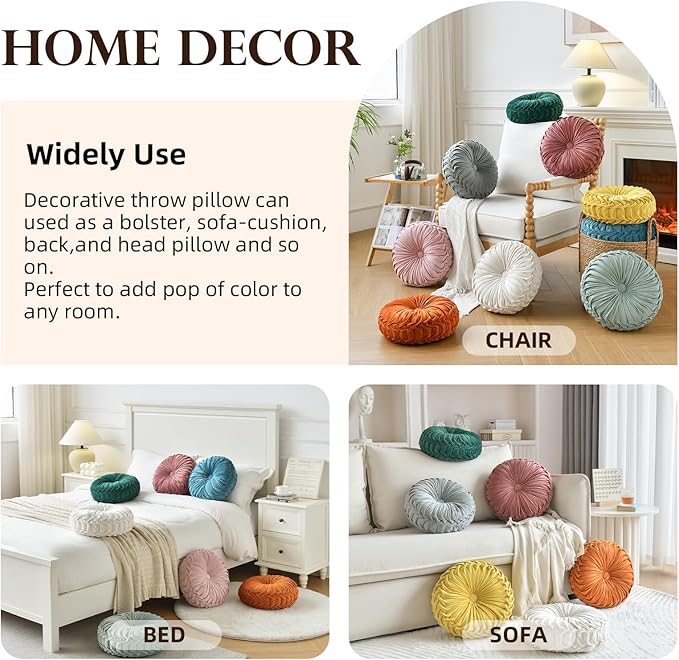 Teieas 2 Pcs Round Throw Pillows Decorative Pumpkin Velvet Boho Pleated Bed Pillows Back Support for Couch Chair Dorm Car 14.96'' (Beige)