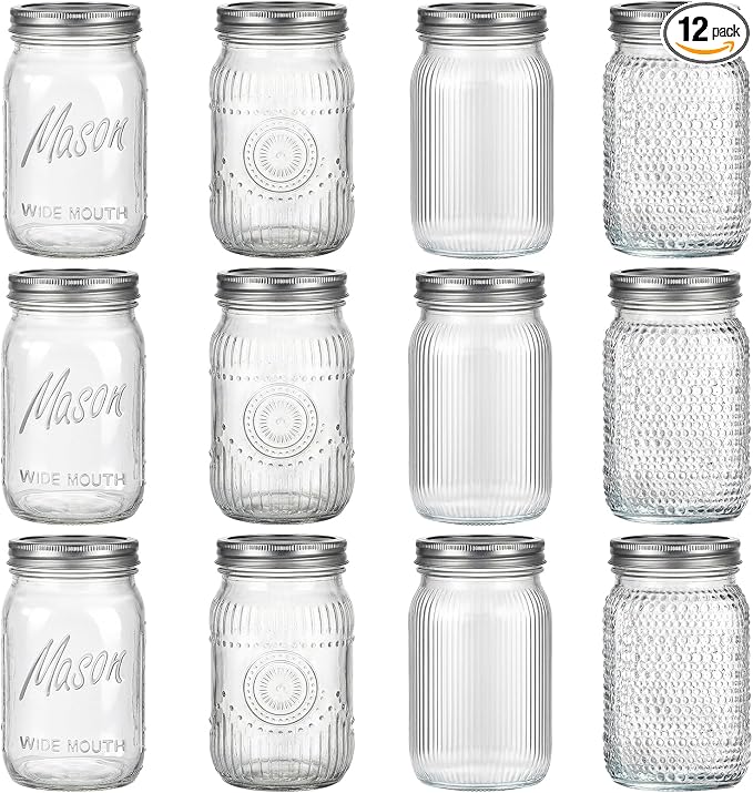 Rubtlamp Clear Mason jar 32 oz, 12 Mixed Pack Glass Jars - Wide Mouth Mason Jars with Airtight Lids for Pickling, Fermenting, Food Storage&DIY Crafts, Microwave & Dishwasher Safe