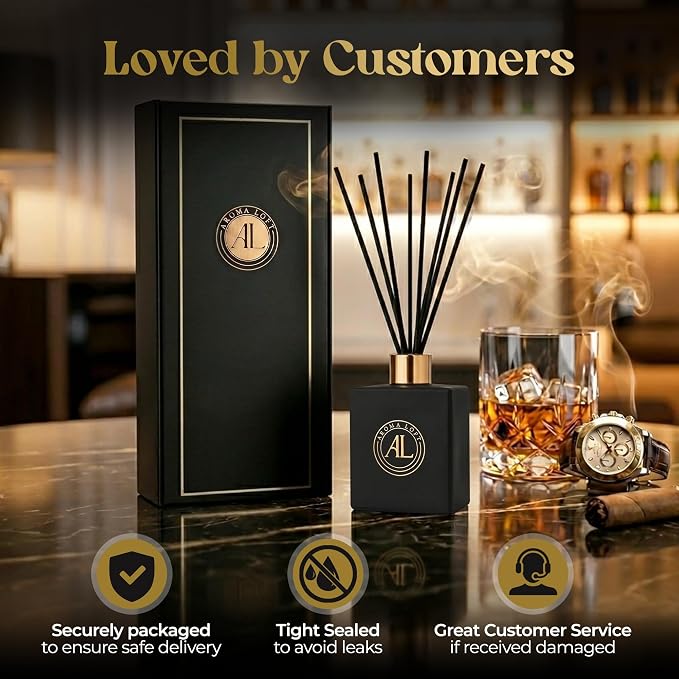 Reed Diffuser - Fragrance Diffuser for Home - 5 oz. Oil Diffuser Sticks - Bathroom Diffuser Set- Oil Diffuser Reeds - Scent Sticks in Oil-Office Smell Good Stuff (Black, Rustic Amber)
