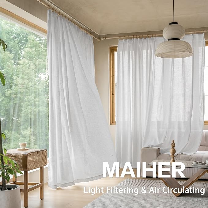 MAIHER Beige White Semi Sheer Pinch Pleat Curtains 72 Inches Long for Living Room Bedroom, Faux Linen Light Filtering Pleated Drapes with Hooks (54" W x 72" L, 1 Panel)