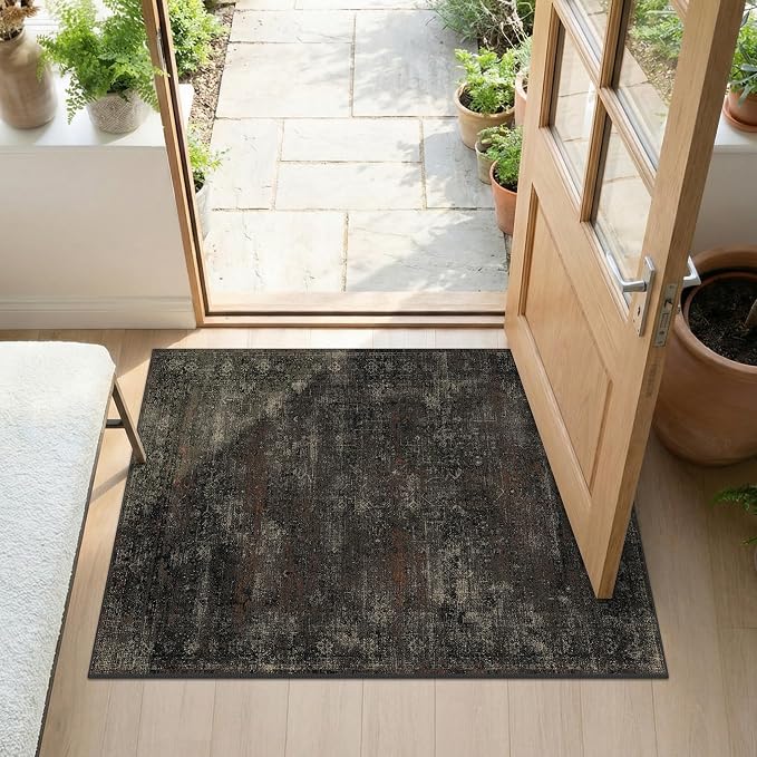 Black Washable 2x3 Rugs for Entryway, Non-Slip Low Pile Entry Rug, Stain Resistant Indoor Mat for Kitchen, Bathroom & Mudroom, Dark Farmhouse Volcanic Charcoal Design
