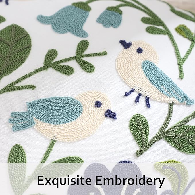 Spring Embroidered Pillow Covers 18x18 Pack of 2 Birds Throw Pillow Covers Green Leaves with Floral Pillowcases Farmhouse Pillow Cushion Cases Square Navy Blue Flower Pillow Case Home Decor