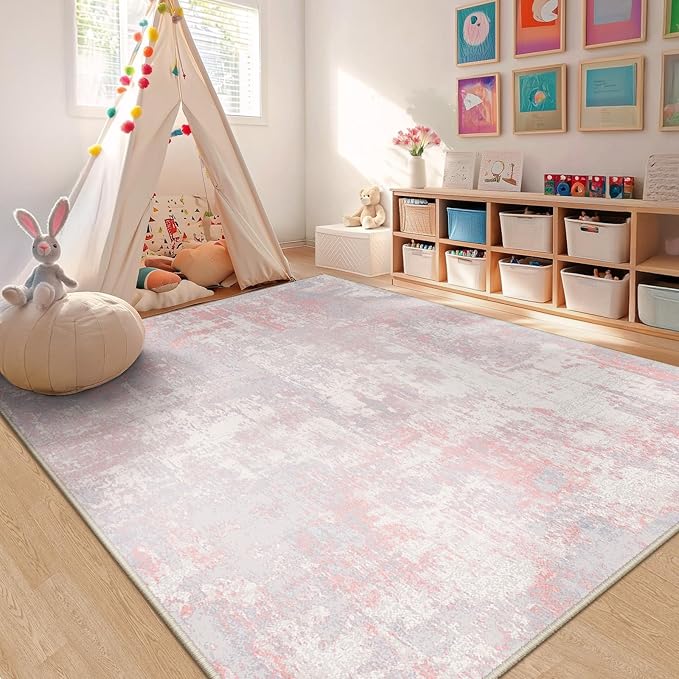 RELEANY Washable Area Rugs 9'x12' Non-Slip Modern Abstract Soft for Living Room Entryway Bedroom Nursery, Print Pattern, Grey Pink