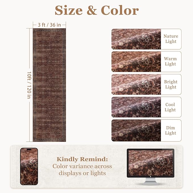 Washable Runner Rug 3x10, Vintage Farmhouse Dark Hallway Runner for Kitchen Floor Non Slip, Low Pile Thin Print Long Carpet Runner for Entryway Corridor Mudroom Foyer, Brick Red