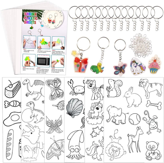 Natonhi Shrinky Dink Sheets Kit 145Pcs Shrink Art Kit Including 20pcs Shrinky Paper Sheets 6pcs Traceable Picture Keychains Accessories- Perfect for Shrink Paper Sheets Crafts Making