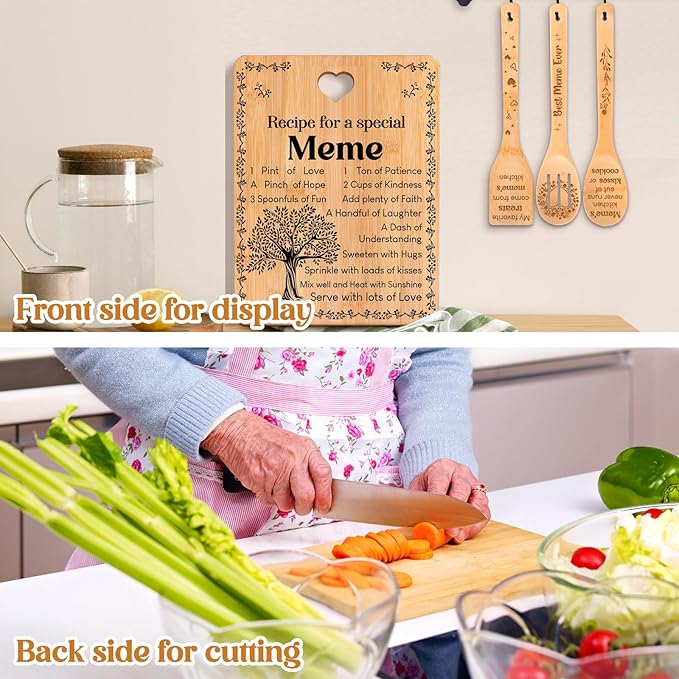 Meme Gifts - "Recipe for a Special Meme" Meme Gifts for Grandma Cutting Board Set, Bamboo-Made Engraved Utensil Set Gifts for Meme Cutting Board, Mothers Day Gifts for Meme.