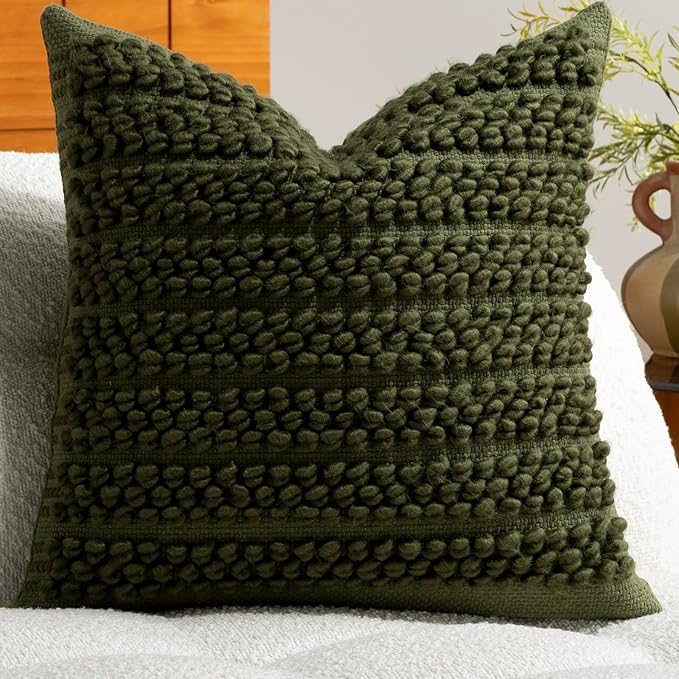 DEZENE Wool Boucle Throw Pillow Cover Premium Chic Accents Square Textured Decorative Pillow Case for Living Room Couch Sofa Home Decor 18"x18" Olive Green Christmas