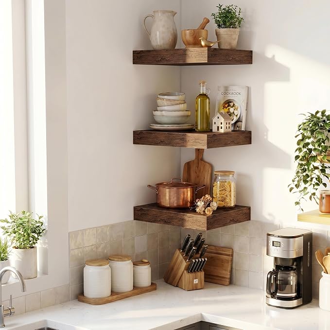 Fun Memories Wood Floating Shelves 20 Inch, 12 Inch Deep Shelves Wall Mount, Wall Shelves with Invisible Bracket, 20" Floating Shelves for Living Room Bathroom Bedroom, Rustic Brown, Set of 2
