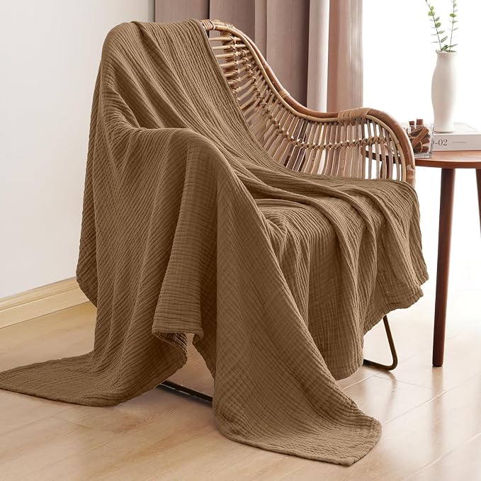 PHF 100% Cotton Muslin Blanket Twin XL Size 66"x90", 4-Layer Lightweight Gauze Throw, Breathable Cloud-Soft Minimalist Blanket for Bed, Couch, Camping & Baby, Coco Brown, Ideal Gift