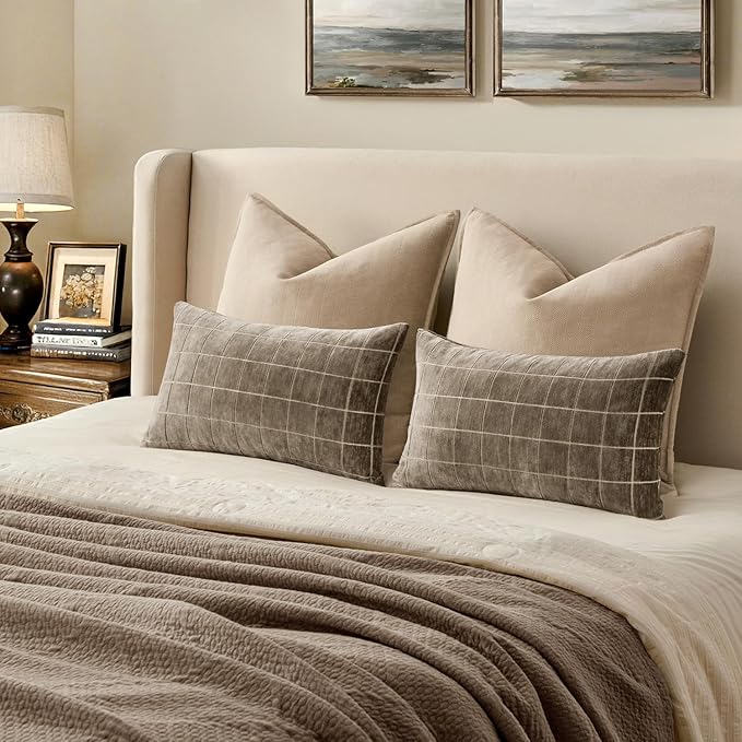 MIULEE Decorative Chenille Check Lumbar Throw Pillow Covers Vintage Plaid Couch Pillows 12x20 Inch Set of 2 Neutral Boho Farmhouse Cushion Covers Spring Decor for Sofa Bed Living Room Taupe Grey
