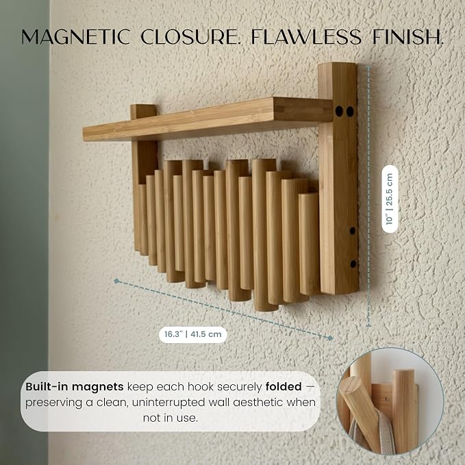 Bamboo Wall Mounted Coat Rack with Shelf Flip Down Wooden Hooks for Entryway Hallway Bedroom | Natural Piano Hanger, 5 Hooks, Space Saving Organizer