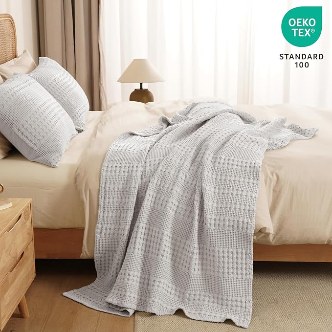 PHF 100% Cotton Waffle Throw Blanket for Couch, Lightweight Breathable and Soft for Summer, Luxury Aesthetic Waffle Weave Blanket for Home Decor & Office, Gifts for Women, 50"x60", Light Grey