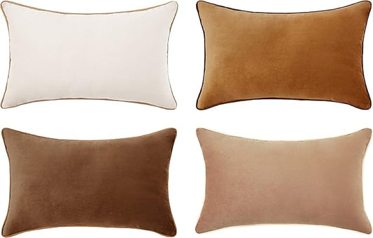 MONDAY MOOSE Decorative Throw Pillow Covers Cushion Cases, Set of 4 Soft Velvet Modern Double-Sided Designs, Mix and Match for Home Decor, Pillow Inserts Not Included (12x20 inch, Brown/Beige)