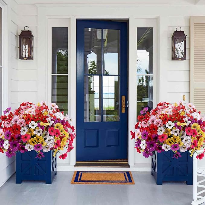 Geegoods Artificial Mums Flowers for Outdoors, 12 Bundles UV Resistant Fake Plastic Colorful Mix Flowers for Patio Porch Spring Summer Decor