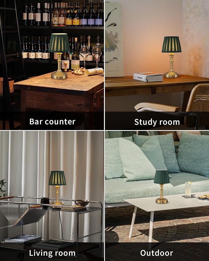 KDG Gold Cordless Table Lamps Set of 2, Green Fabric Shade Small Desk Lamp | Portables, 5000mAh Battery Powered, LED Lighting, 2700K Stepless Dimmable, Light for Living Room, Dining Room, Bedroom