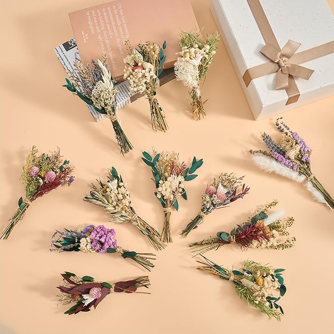12/24PCS Handmade Dried Flower Bouquet with Stems Natural Dried Wildflowers 7.5 Inch Mini Dry Flowers for Vase Farmhouse Decor, Wedding Styling, Photography Props, Gift DIY(12pcs, Bright)