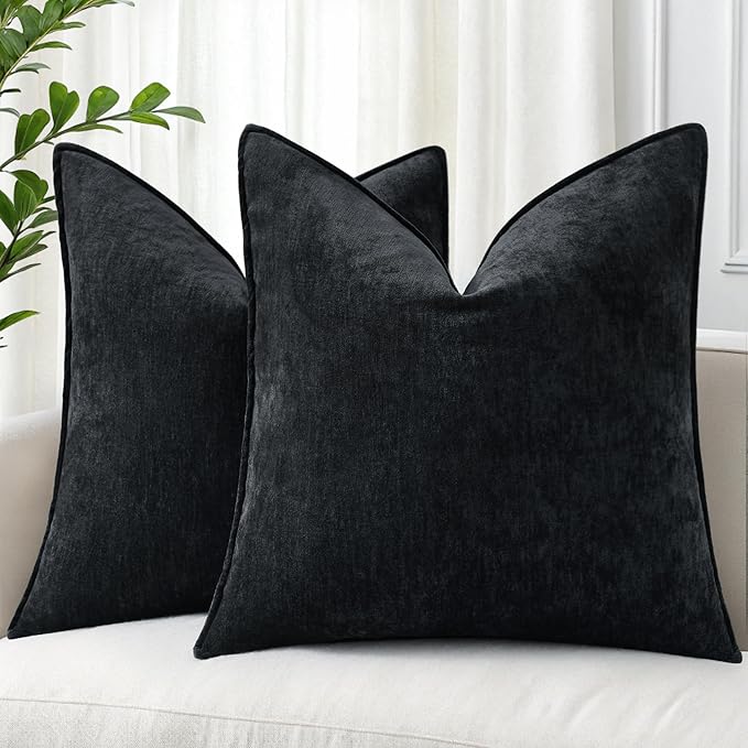 decorUhome Summer Couch Throw Pillow Covers 20x20 Set of 2, Decorative Soft Velvet Modern Cozy Chenille Pillow Cases with Elegant Design for Sofa Bed Living Room Home Decor, Black