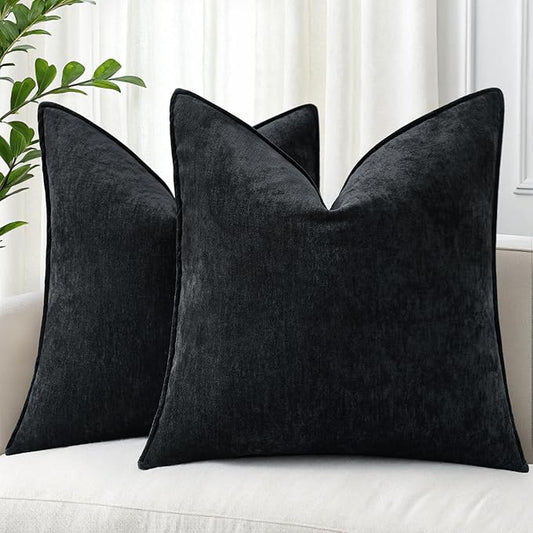 decorUhome Summer Couch Throw Pillow Covers 16x16 Set of 2, Decorative Soft Velvet Modern Cozy Chenille Pillow Cases with Elegant Design for Sofa Bed Living Room Home Decor, Black