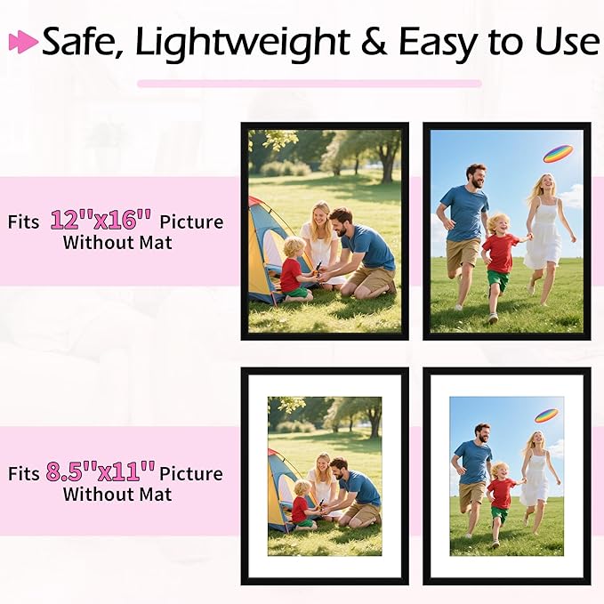 12x16 Picture Frame, 12 x 16 Black Frame with HD Plexiglass, Display Pictures 8.5x11 with Mat or 12x16 Without, Wall Hanging Photo Frame Poster Frames for Home Office Gallery Decor, 2 Pack