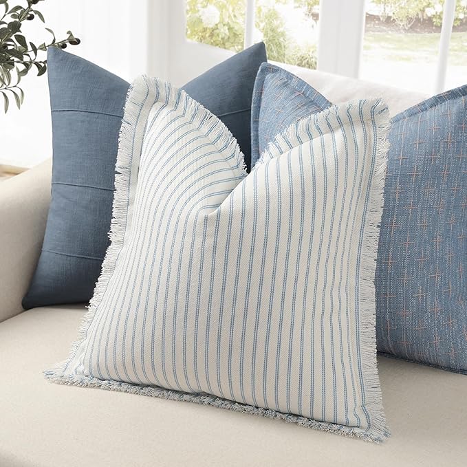 ZWJD Throw Pillow Covers 16x16 Set of 2 Striped Pillow Covers with Fringe Chic Cotton Decorative Pillows Square Cushion Covers for Sofa Couch Bed Living Room Farmhouse Decor, (Light Blue)