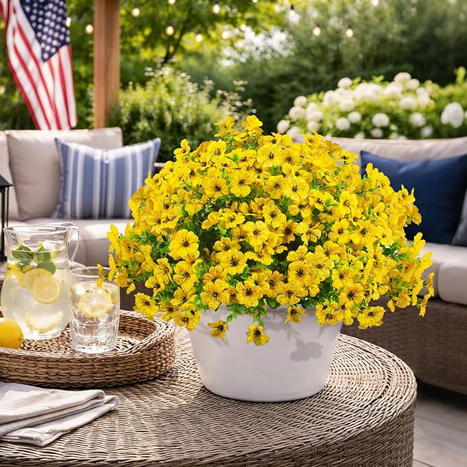 Grunyia 20 Bundles Artificial Flowers for Outdoors, UV Resistant Fake Plants Flowers Greenery Shrubs Plants for Decoration Outside Plants Hanging Planter Home Garden Decor (Yellow)