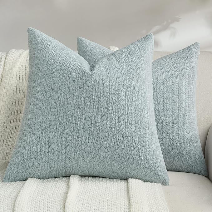 FUTEI Dusty Blue Chenille Throw Pillow Covers 16x16 Inch Set of 2,Soft Striped & Diamond Textured Cushion Cases,Modern Home Decor for Couch Living Room