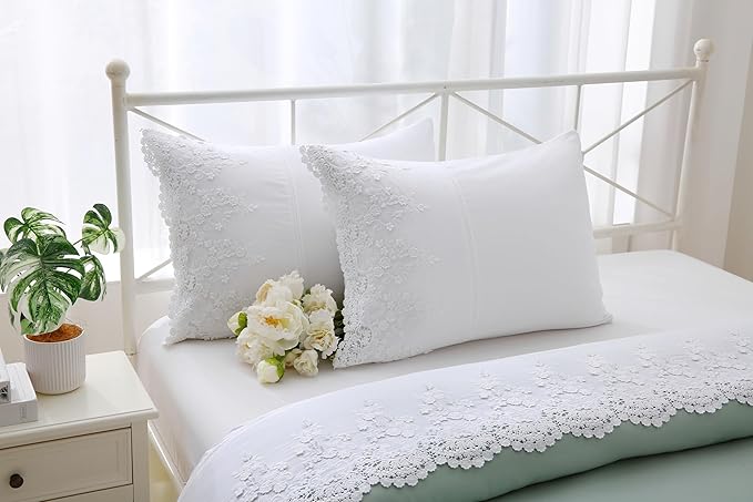 White Lace Pillow Shams with 3D Flowers Retro Noble Luxury Elegant Look Pillowcases 100% Cotton Standard Size 2-Pack