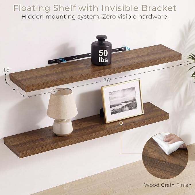 Vivelove Wall Floating Shelves for Display with Invisible Brackets, 36 Inch Floating Shelves for Bedroom Bathroom Living Room Kitchen Office, 36”X 8" X 1.4", Set of 2 - Walnut