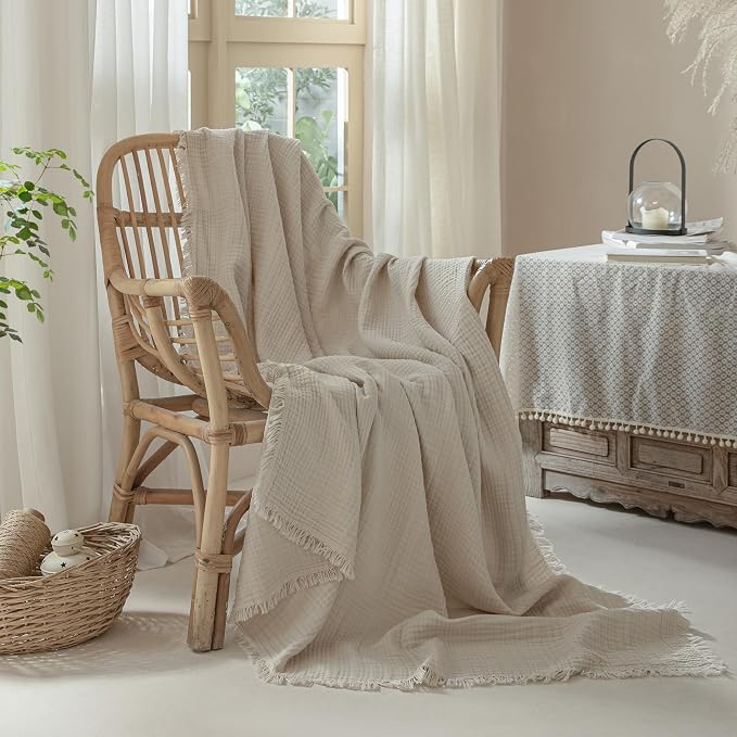 Muslin Fringe Blankets for Adults: 100% Cotton Cloud Soft | 4-Layer Gauze Breathable Lightweight All Season Throw Blanket for Bed Couch Sofa Office