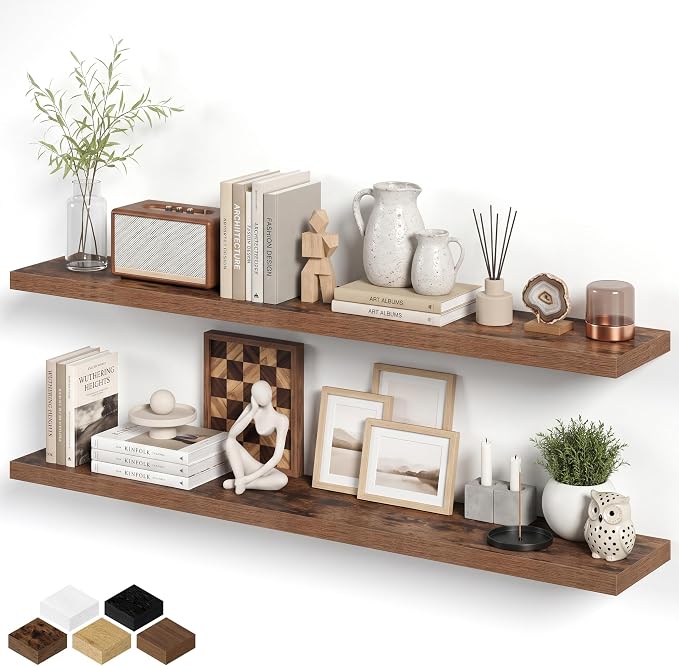 Floating Shelves for Wall, 66 Inch Floating Shelves Set of 2, Wall Mounted Rustic Wood Shelf for Bathroom, Living Room, Bedroom and Kitchen, Hanging Shelf for Storage, Books, Home Decor, Rustic Brown