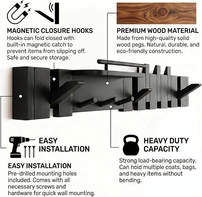 Mid Century Modern Walnut Foldable Entryway Wall Coat Hanger Hook with Shelf,Heavy Duty Wooden Piano Hidden Towel Hooks for Bathroom,Wall Rack for Purse&Key&Mail,Home Decor (Black, 9 Hooks)