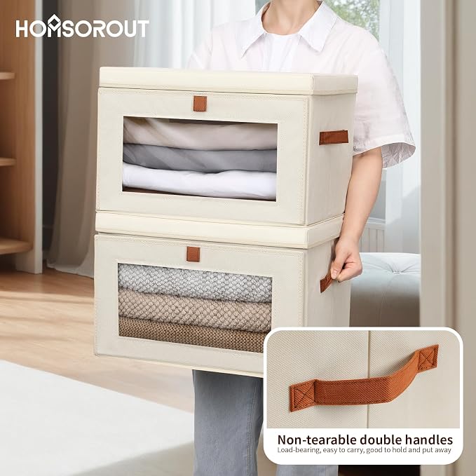 Homsorout Large Storage Bins with Lids - Fabric Collapsible Closet Storage Organizer with Window & Handles, Stackable Decorative Storage Boxes for Clothes, Blankets, Sweaters, 4 Pack, Beige