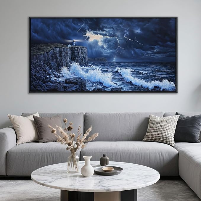 YDYSUNE Large Wall Decor- Ocean Canvas Painting Navy Blue Picture Framed Lighthouse Coastal Wall Art,Huge Waves Seascape Artwork for Living Room,Bedroom,Office Decoration